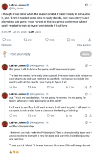 Another puzzler--why did it take LeBron 4 tweets to put out his entire statement??? Is he not on the "premium plan," where they allow many more characters than they do to us mere mortals???